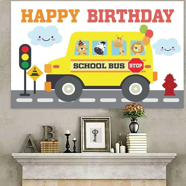 Alt view image 4 of 6 - Yellow School Bus Happy Birthday Banner Backdrop Background Photo Booth Props Back to School Wheels on the Bus Theme Decor for First Day of School Welcome Party 1st Birthday Party Favors Decorations