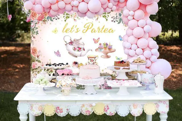 Alt view image 2 of 7 - Tea Party Backdrop 7X5FT Pink Floral Let's Partea Photo Background | Spring Tea Party Banner, Princess Wonderland Afternoon Tea Banner, Girls Women Baby Shower Birthday Party Supplies