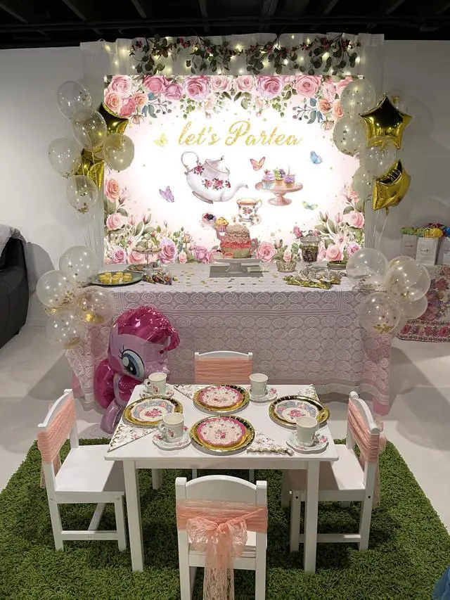 Alt view image 3 of 7 - Tea Party Backdrop 7X5FT Pink Floral Let's Partea Photo Background | Spring Tea Party Banner, Princess Wonderland Afternoon Tea Banner, Girls Women Baby Shower Birthday Party Supplies