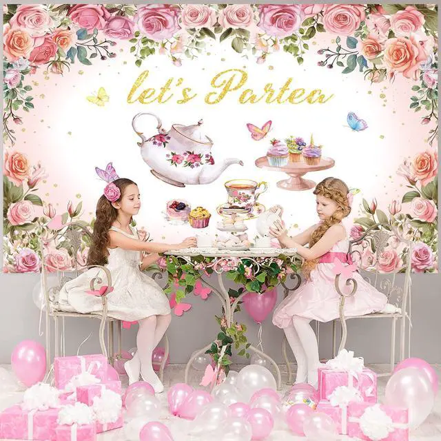 Alt view image 4 of 7 - Tea Party Backdrop 7X5FT Pink Floral Let's Partea Photo Background | Spring Tea Party Banner, Princess Wonderland Afternoon Tea Banner, Girls Women Baby Shower Birthday Party Supplies