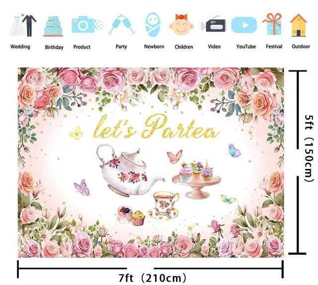 Alt view image 6 of 7 - Tea Party Backdrop 7X5FT Pink Floral Let's Partea Photo Background | Spring Tea Party Banner, Princess Wonderland Afternoon Tea Banner, Girls Women Baby Shower Birthday Party Supplies