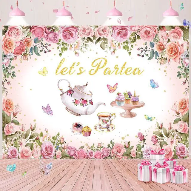 Alt view image 5 of 7 - Tea Party Backdrop 7X5FT Pink Floral Let's Partea Photo Background | Spring Tea Party Banner, Princess Wonderland Afternoon Tea Banner, Girls Women Baby Shower Birthday Party Supplies