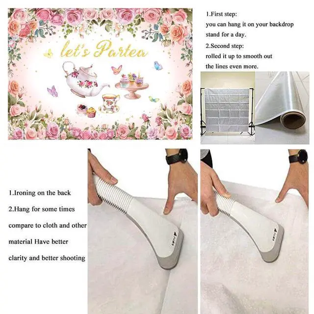 Alt view image 7 of 7 - Tea Party Backdrop 7X5FT Pink Floral Let's Partea Photo Background | Spring Tea Party Banner, Princess Wonderland Afternoon Tea Banner, Girls Women Baby Shower Birthday Party Supplies
