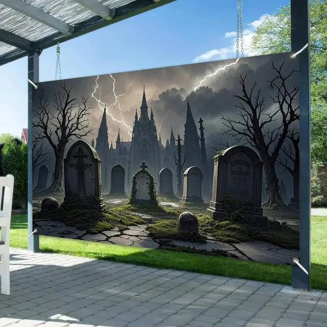 Alt view image 2 of 6 - Halloween Graveyard Backdrop 71x43 in Spooky Party Decor | Spooky Banner, Halloween Backdrop for Porch, Haunted House and Photos, Backgrpund Lightning Castle Cemetery Pattern