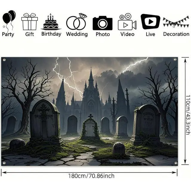 Alt view image 3 of 6 - Halloween Graveyard Backdrop 71x43 in Spooky Party Decor | Spooky Banner, Halloween Backdrop for Porch, Haunted House and Photos, Backgrpund Lightning Castle Cemetery Pattern
