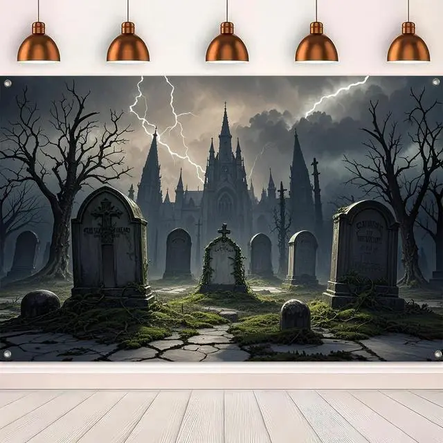 Alt view image 5 of 6 - Halloween Graveyard Backdrop 71x43 in Spooky Party Decor | Spooky Banner, Halloween Backdrop for Porch, Haunted House and Photos, Backgrpund Lightning Castle Cemetery Pattern