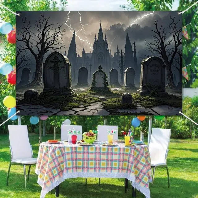 Alt view image 6 of 6 - Halloween Graveyard Backdrop 71x43 in Spooky Party Decor | Spooky Banner, Halloween Backdrop for Porch, Haunted House and Photos, Backgrpund Lightning Castle Cemetery Pattern
