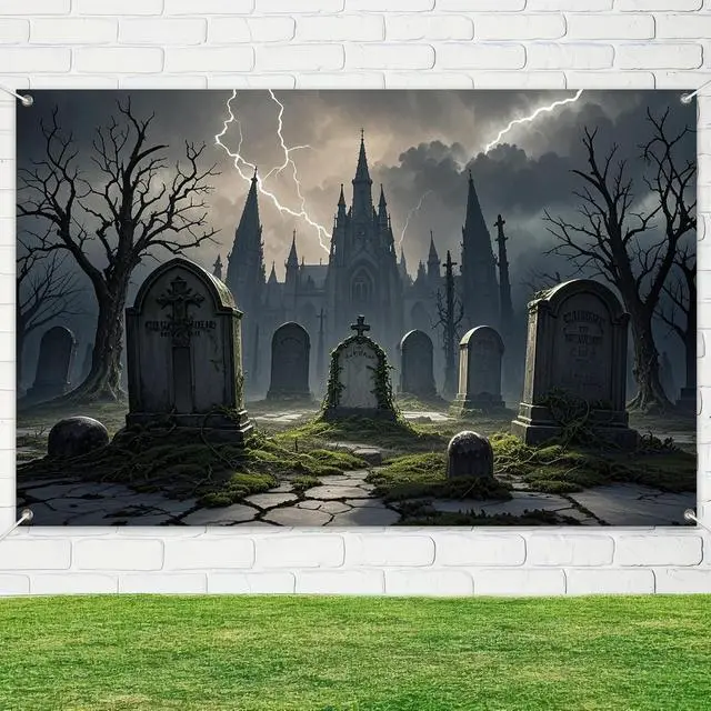 Alt view image 4 of 6 - Halloween Graveyard Backdrop 71x43 in Spooky Party Decor | Spooky Banner, Halloween Backdrop for Porch, Haunted House and Photos, Backgrpund Lightning Castle Cemetery Pattern
