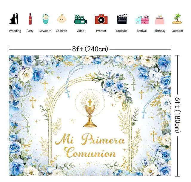 Alt view image 5 of 7 - Mi Primera Comunion Backdrop Banner Blue First Holy Communion Background God Bless Christening Comunion Baby Baptism Party Decorations Banner Photo Props (Blue, 8x6FT(94 x 70 inch))