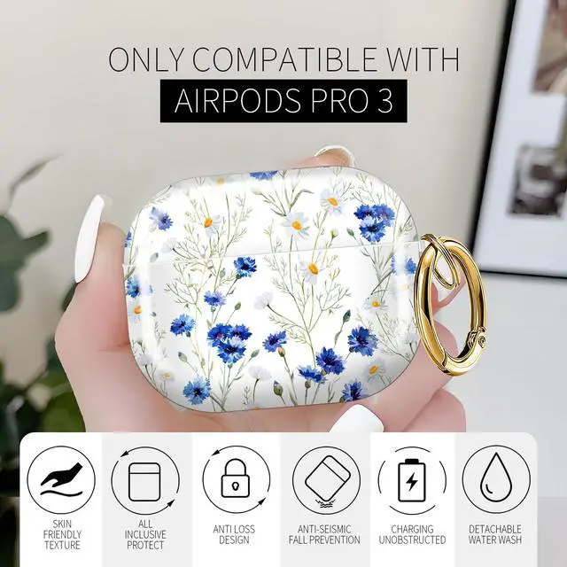 Alt view image 3 of 6 - for AirPods Pro 3 Case (2025)Cute Cover Compatible with AirPod Pro 3rd Generation with Rose Gold Keychain Headphone Cases for Women(Blue Flowers)