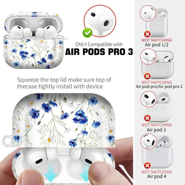 Alt view image 4 of 6 - for AirPods Pro 3 Case (2025)Cute Cover Compatible with AirPod Pro 3rd Generation with Rose Gold Keychain Headphone Cases for Women(Blue Flowers)