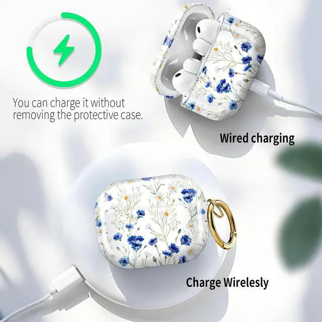 Alt view image 5 of 6 - for AirPods Pro 3 Case (2025)Cute Cover Compatible with AirPod Pro 3rd Generation with Rose Gold Keychain Headphone Cases for Women(Blue Flowers)