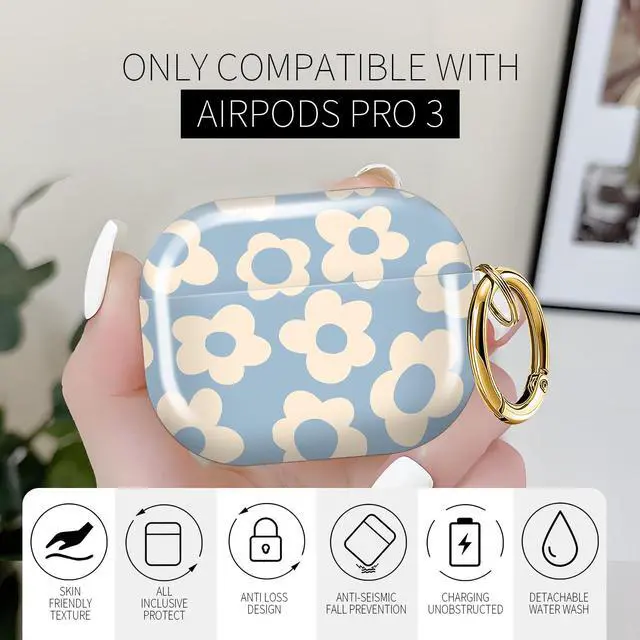 Alt view image 3 of 6 - for AirPods Pro 3 Case (2025)Cute Cover Compatible with AirPod Pro 3rd Generation with Rose Gold Keychain Headphone Cases for Women(Blue Flower)