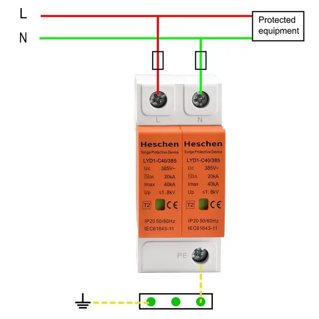 Alt view image 3 of 6 - Surge Protective Device, LYD1-C40/385, 2P 385V 20KA, Fire-Proof, Low-Voltage Arrester, 35mm DIN Rail Mounting