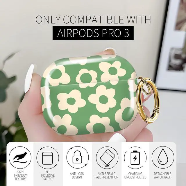 Alt view image 3 of 6 - for AirPods Pro 3 Case (2025)Cute Cover Compatible with AirPod Pro 3rd Generation with Rose Gold Keychain Headphone Cases for Women(Green Flowers)