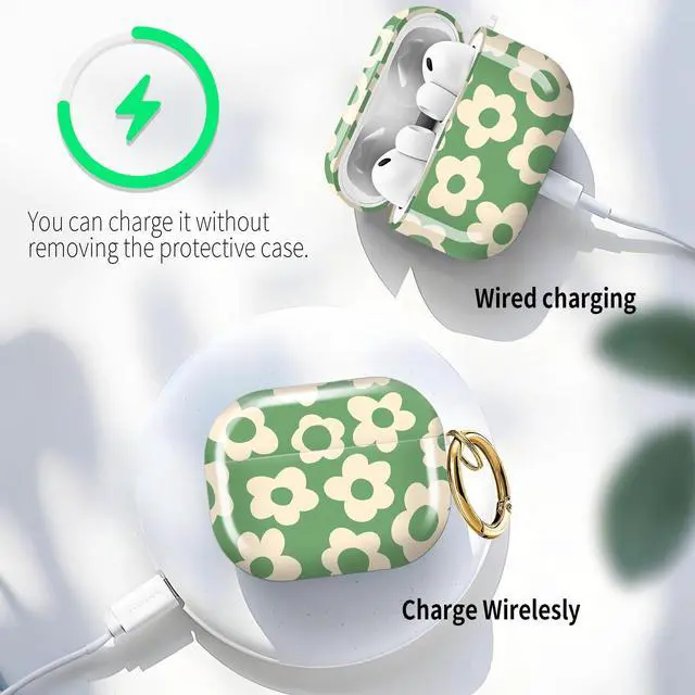 Alt view image 5 of 6 - for AirPods Pro 3 Case (2025)Cute Cover Compatible with AirPod Pro 3rd Generation with Rose Gold Keychain Headphone Cases for Women(Green Flowers)