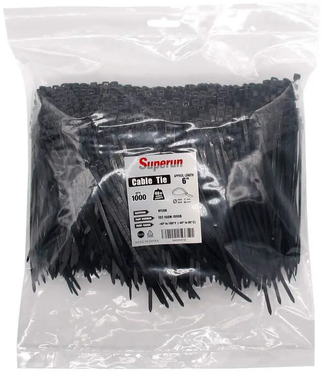 Main image of Black Zip Ties 6 Inch 40 Lbs UV resistant Cable Ties 1000 Pack | Self-locking,Width 0.14",Max Bundle Diameter 1.37",Industrial Grade,fireproof,Heavy duty,For indoor and outdoor