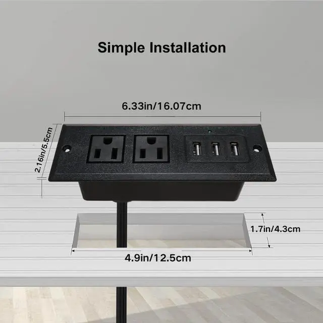 Alt view image 2 of 6 - Recessed Power Strip, Mount Hidden Charging Station with 3 USB Ports, Multiple Surge Protector Outlet Extender with Extension Cord for Nightstand Furniture Bed Conference Table (Black)