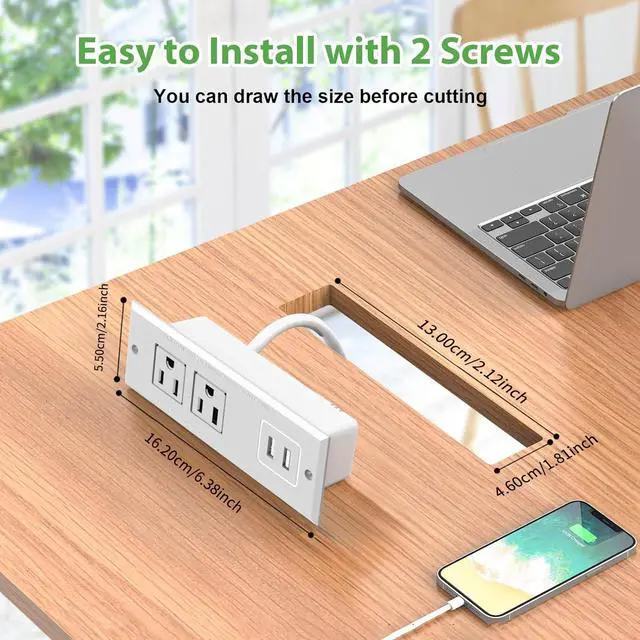 Alt view image 2 of 6 - 1500W Recessed Power Strip Mount Hidden Charging Station with USB Plug Multiple Surge Protector Outlet Extender with Extension Cord for Nightstand Furniture Bed Conference Table (White)