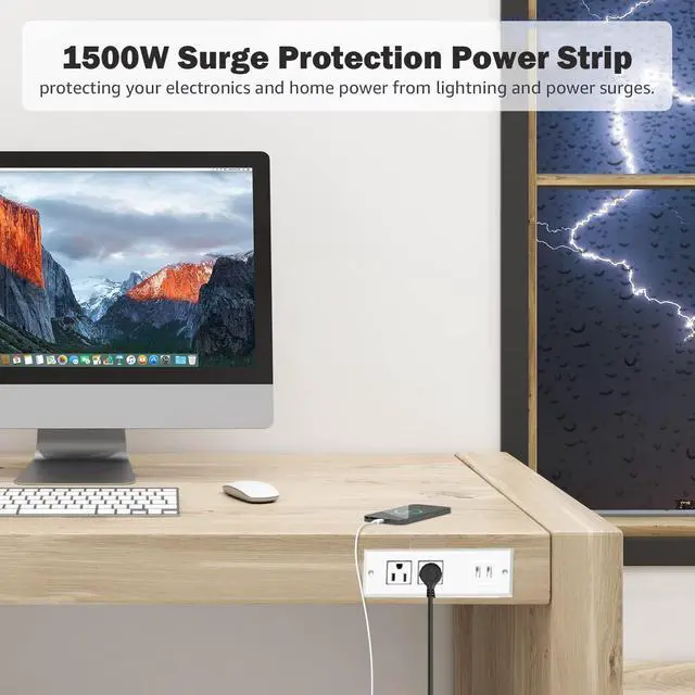 Alt view image 5 of 6 - 1500W Recessed Power Strip Mount Hidden Charging Station with USB Plug Multiple Surge Protector Outlet Extender with Extension Cord for Nightstand Furniture Bed Conference Table (White)