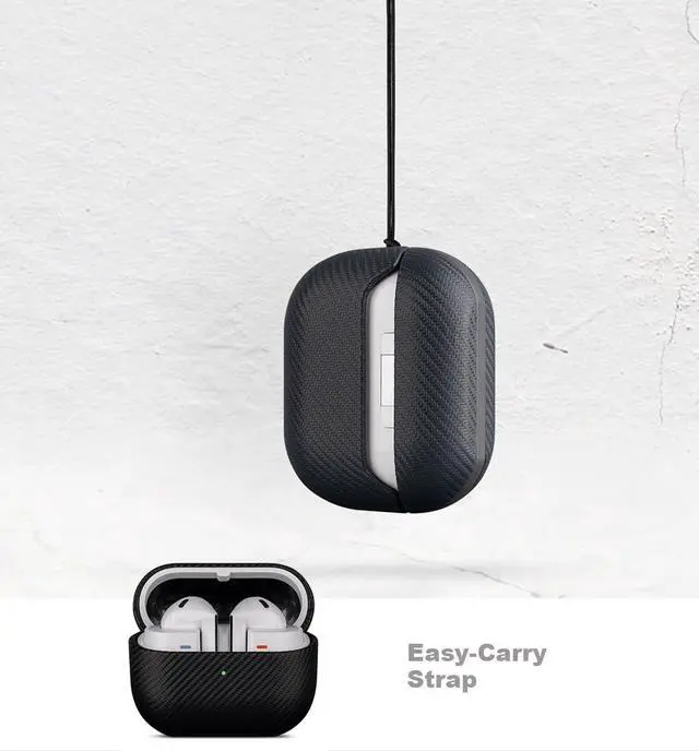 Alt view image 7 of 7 - Case for Samsung Galaxy Buds 3 FE / Buds3 Pro/Samsung Buds 3 Case Cover with Lanyard - Made of Vegan Leather - Carbon Fiber Style - Handmade Drop Protection Hard Shell Cover - Black