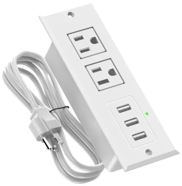 Main image of Recessed Power Strip, Flush Mount Charging Station with USB Ports, Multiple Surge Protector with Extension Cord for Desk Furniture Table Nightstand Bed (White-2AC Outlets + 3USB-A)