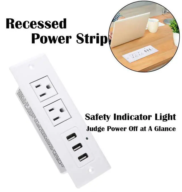 Alt view image 6 of 6 - Recessed Power Strip, Flush Mount Charging Station with USB Ports, Multiple Surge Protector with Extension Cord for Desk Furniture Table Nightstand Bed (White-2AC Outlets + 3USB-A)