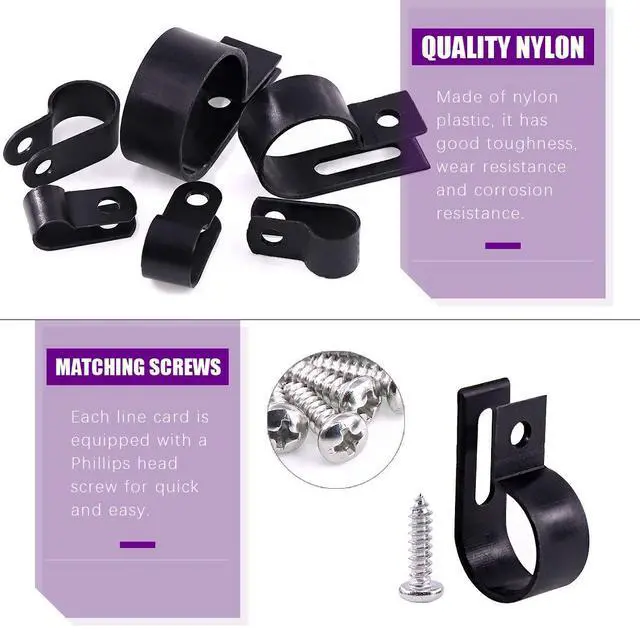 Alt view image 3 of 7 - 135 Pack 6 Sizes Black Nylon Plastic R-Type Cable Clips Clamp Assortment Kit, 1/4" 5/16" 3/8" 1/2" 3/4" 1" Nylon Screw Mounting Cord Fastener Clips with 135 Pack Screws for Wire Management