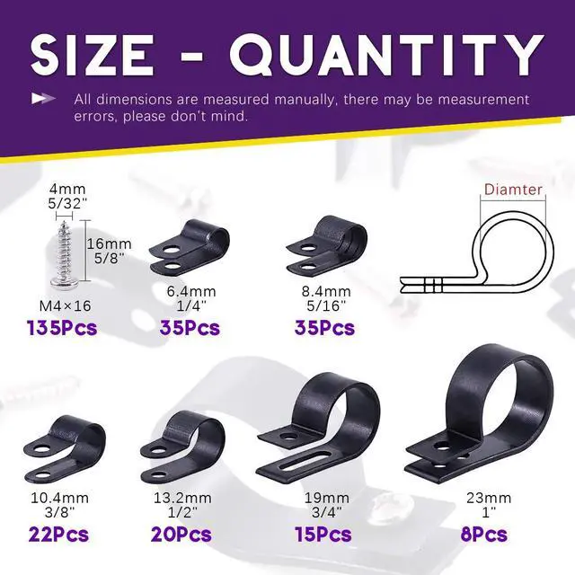 Alt view image 2 of 7 - 135 Pack 6 Sizes Black Nylon Plastic R-Type Cable Clips Clamp Assortment Kit, 1/4" 5/16" 3/8" 1/2" 3/4" 1" Nylon Screw Mounting Cord Fastener Clips with 135 Pack Screws for Wire Management