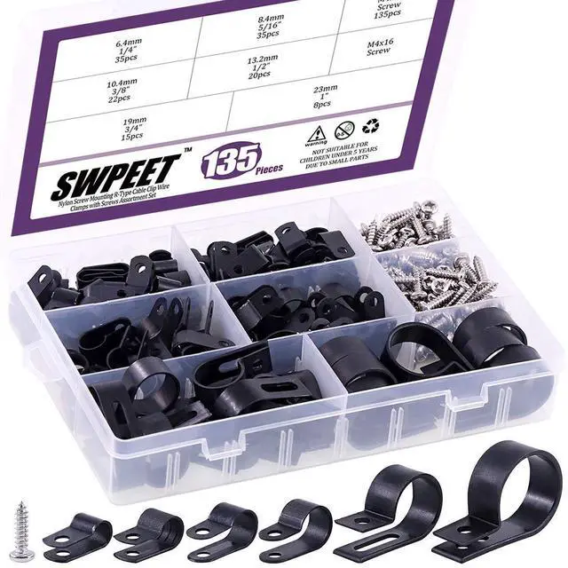 Main image of 135 Pack 6 Sizes Black Nylon Plastic R-Type Cable Clips Clamp Assortment Kit, 1/4" 5/16" 3/8" 1/2" 3/4" 1" Nylon Screw Mounting Cord Fastener Clips with 135 Pack Screws for Wire Management