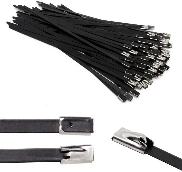 Main image of 100pcs Metal Zip Ties Heavy Duty Outdoor, 304 Stainless Steel Epoxy Coated Push Mount Zip Ties Black, Self Locking Wire Ties Strap, Chain Link Fence Ties (8inch)