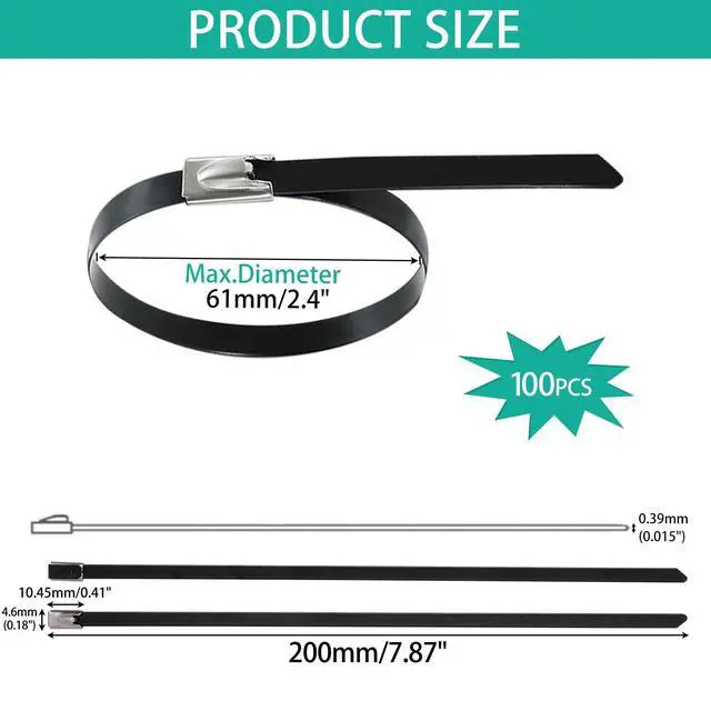 Alt view image 2 of 7 - 100pcs Metal Zip Ties Heavy Duty Outdoor, 304 Stainless Steel Epoxy Coated Push Mount Zip Ties Black, Self Locking Wire Ties Strap, Chain Link Fence Ties (8inch)