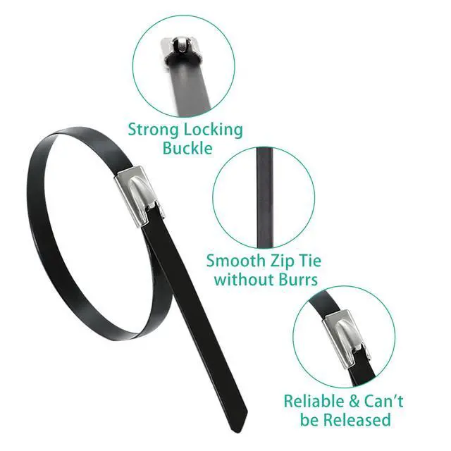 Alt view image 5 of 7 - 100pcs Metal Zip Ties Heavy Duty Outdoor, 304 Stainless Steel Epoxy Coated Push Mount Zip Ties Black, Self Locking Wire Ties Strap, Chain Link Fence Ties (8inch)