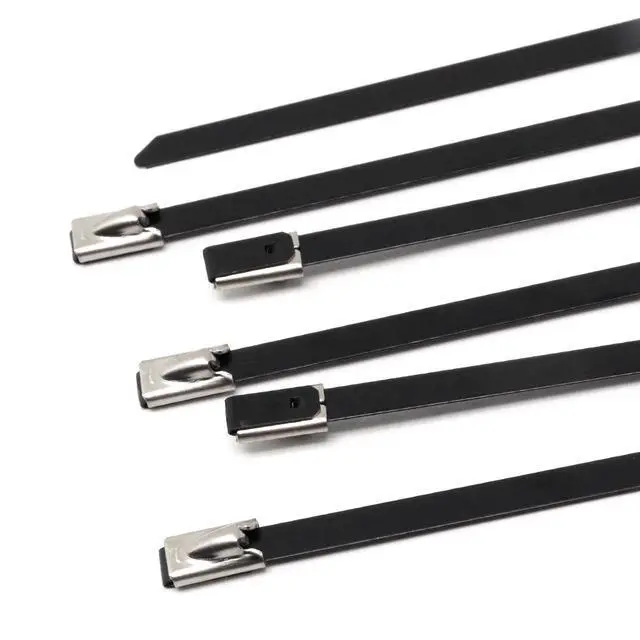Alt view image 6 of 7 - 100pcs Metal Zip Ties Heavy Duty Outdoor, 304 Stainless Steel Epoxy Coated Push Mount Zip Ties Black, Self Locking Wire Ties Strap, Chain Link Fence Ties (8inch)