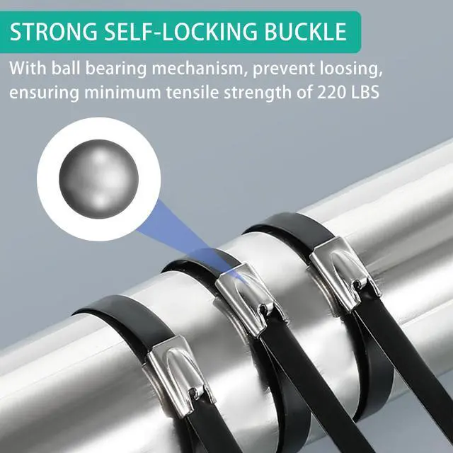 Alt view image 4 of 7 - 100pcs Metal Zip Ties Heavy Duty Outdoor, 304 Stainless Steel Epoxy Coated Push Mount Zip Ties Black, Self Locking Wire Ties Strap, Chain Link Fence Ties (8inch)