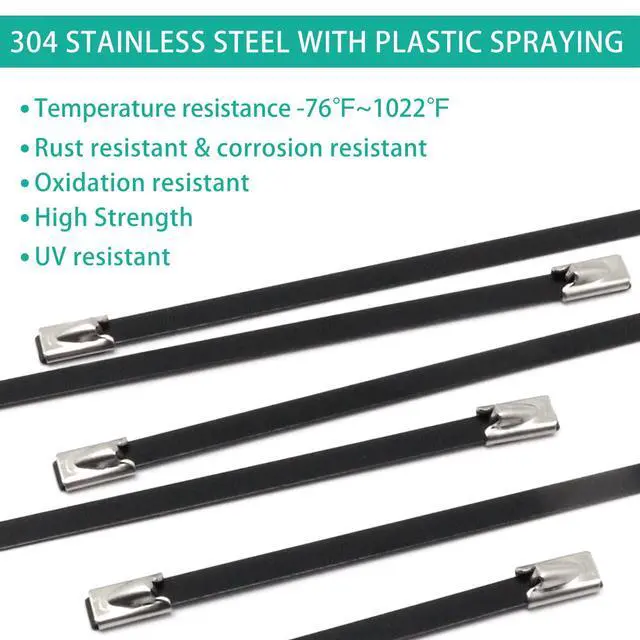 Alt view image 3 of 7 - 100pcs Metal Zip Ties Heavy Duty Outdoor, 304 Stainless Steel Epoxy Coated Push Mount Zip Ties Black, Self Locking Wire Ties Strap, Chain Link Fence Ties (8inch)