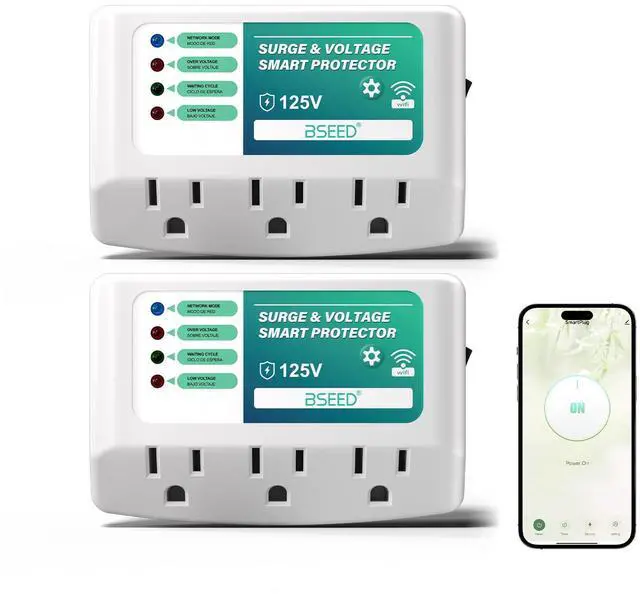 Main image of WiFi Smart Plug, 3 Outlet Surge Voltage Protector with Light Indicator, APP Control, Energy Monitoring, Wall Mount Power Suppressor for Refrigerator/TV/PC, 125V/1875W, FCC Listed,2 Pack