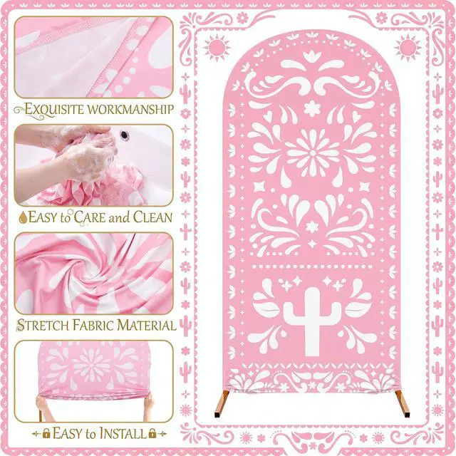 Alt view image 2 of 6 - 3 Pcs Pink Cielito Lindo Arch Backdrop Cover 4ft 5ft 6ft 2-Sided Stretchy Arch Stand Covers for Mexico Talavera Wedding Birthday Baby Shower Party Decor (Only Cover)