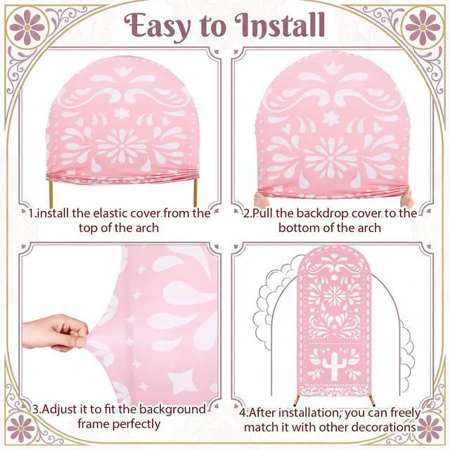 Alt view image 3 of 6 - 3 Pcs Pink Cielito Lindo Arch Backdrop Cover 4ft 5ft 6ft 2-Sided Stretchy Arch Stand Covers for Mexico Talavera Wedding Birthday Baby Shower Party Decor (Only Cover)