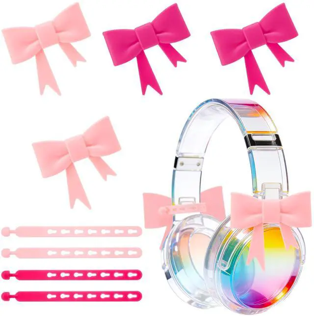 Main image of Silicone Bow Headphone Decor Accessories, 4 Pack 3D Cute Earphone Accessories for Women Girls, Gamer Gift for Christmas,Cute Headphone Decorations for Girls-Pink & Rose