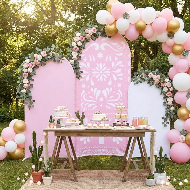 Alt view image 5 of 6 - 3 Pcs Pink Cielito Lindo Arch Backdrop Cover 4ft 5ft 6ft 2-Sided Stretchy Arch Stand Covers for Mexico Talavera Wedding Birthday Baby Shower Party Decor (Only Cover)