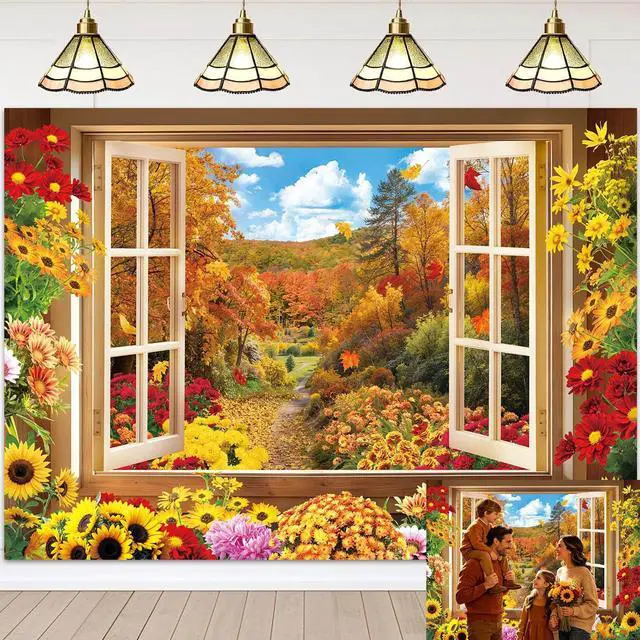 Main image of Fall Window Backdrop Autumn Forest Window Landscape Photography Background | 8x6ft Maple Leaves Garden Flowers Sunflowers Chrysanthemums Banner, Thanksgiving Party Decor Supplies