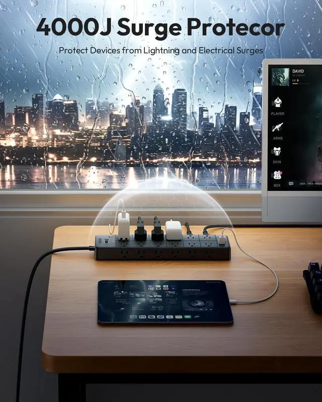 Alt view image 2 of 6 - Large Power Strip Surge Protector, 5FT Extension Cord with 24 AC Outlets, 1875W/15A, 4000 Joules Flat Plug Power Extender for Home, Office, Dorm, Gaming Room, Black