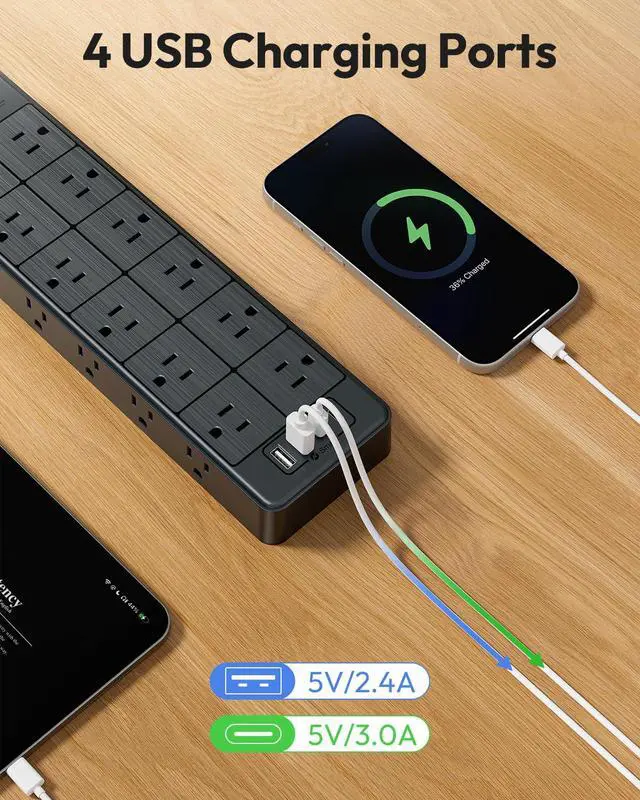 Alt view image 6 of 6 - Large Power Strip Surge Protector, 5FT Extension Cord with 24 AC Outlets, 1875W/15A, 4000 Joules Flat Plug Power Extender for Home, Office, Dorm, Gaming Room, Black