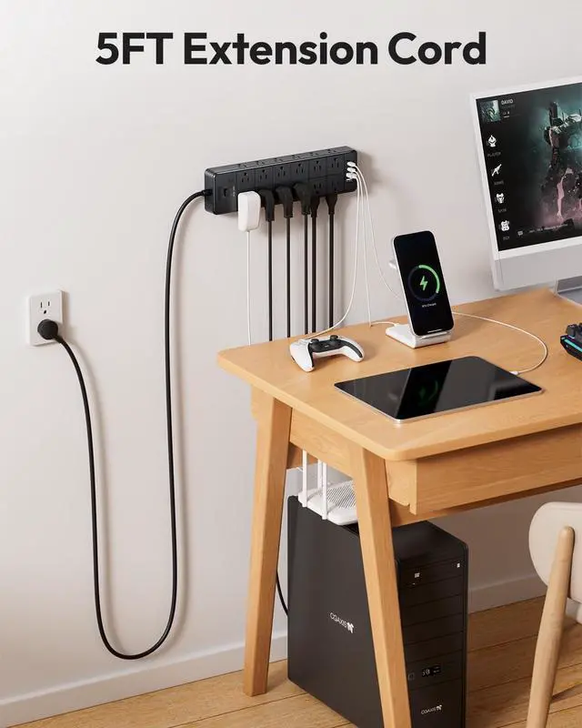 Alt view image 4 of 6 - Large Power Strip Surge Protector, 5FT Extension Cord with 24 AC Outlets, 1875W/15A, 4000 Joules Flat Plug Power Extender for Home, Office, Dorm, Gaming Room, Black