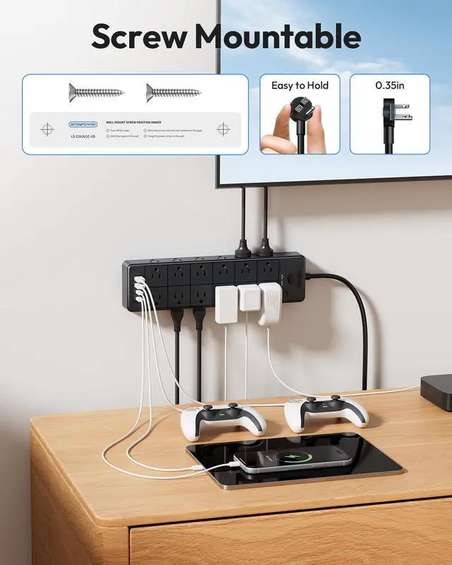 Alt view image 5 of 6 - Large Power Strip Surge Protector, 5FT Extension Cord with 24 AC Outlets, 1875W/15A, 4000 Joules Flat Plug Power Extender for Home, Office, Dorm, Gaming Room, Black
