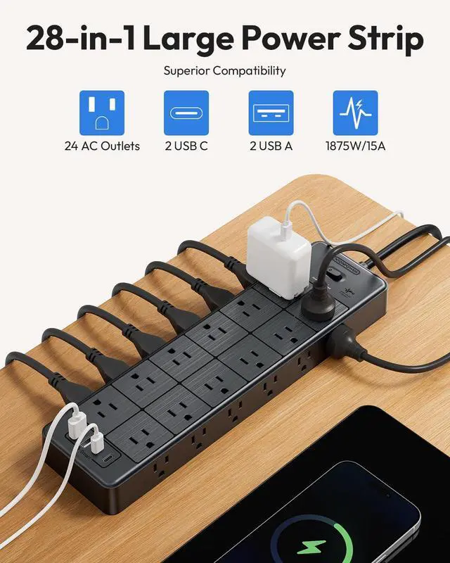 Alt view image 3 of 6 - Large Power Strip Surge Protector, 5FT Extension Cord with 24 AC Outlets, 1875W/15A, 4000 Joules Flat Plug Power Extender for Home, Office, Dorm, Gaming Room, Black