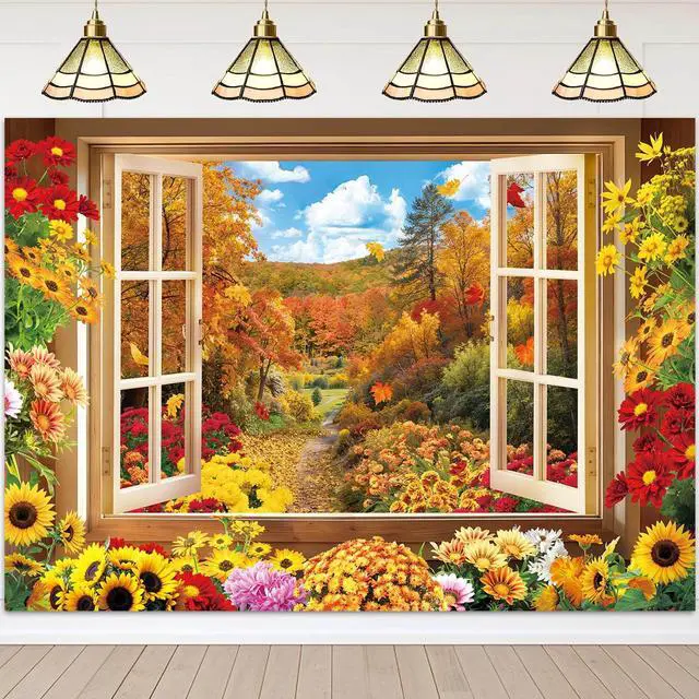 Alt view image 3 of 7 - Fall Window Backdrop Autumn Forest Window Landscape Photography Background | 8x6ft Maple Leaves Garden Flowers Sunflowers Chrysanthemums Banner, Thanksgiving Party Decor Supplies
