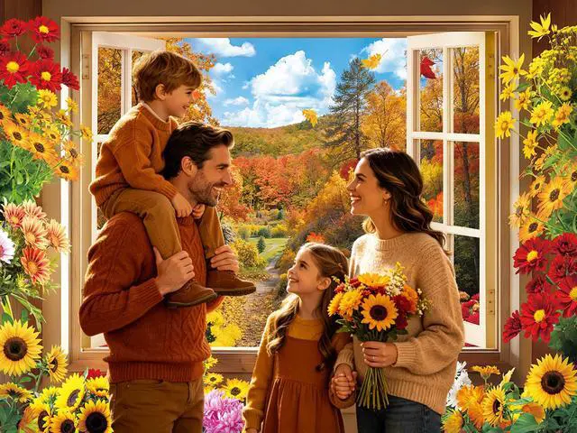 Alt view image 2 of 7 - Fall Window Backdrop Autumn Forest Window Landscape Photography Background | 8x6ft Maple Leaves Garden Flowers Sunflowers Chrysanthemums Banner, Thanksgiving Party Decor Supplies