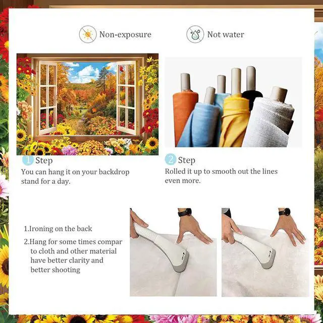 Alt view image 6 of 7 - Fall Window Backdrop Autumn Forest Window Landscape Photography Background | 8x6ft Maple Leaves Garden Flowers Sunflowers Chrysanthemums Banner, Thanksgiving Party Decor Supplies